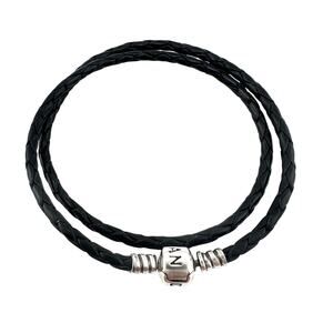 Pandora 925 Sterling Silver Black Braided Leather Wrap Charm 15” Bracelet